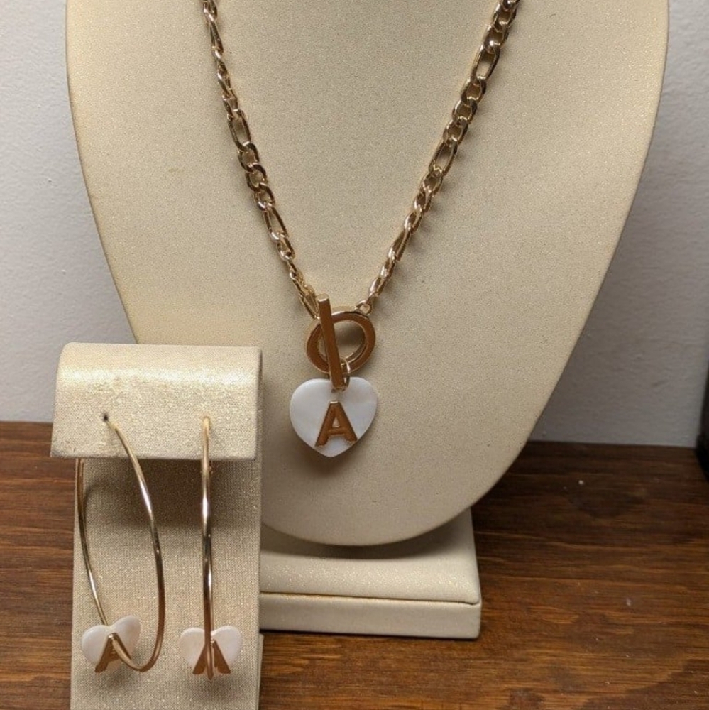 Initial A Heart Necklace & Hoop Earrings Set Gold Tone NWT 2 pc set